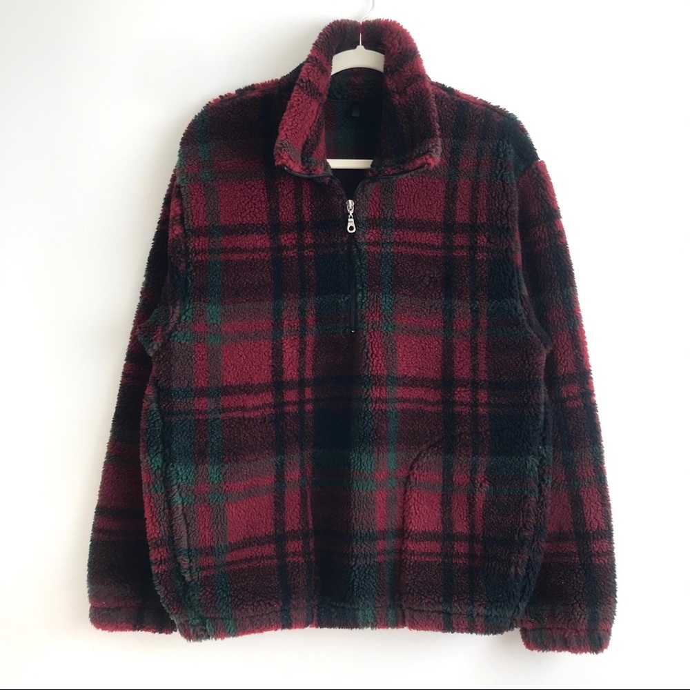 FINAL SALE! Plaid Buffalo red fleece teddy quarter zip sweater Women Men